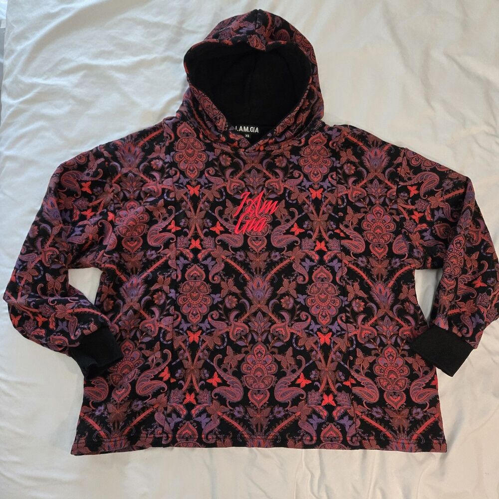 I.AM.GIA Tatiana Black Red Paisley Butterfly Oversized Hoodie Sweatshirt XS GIA